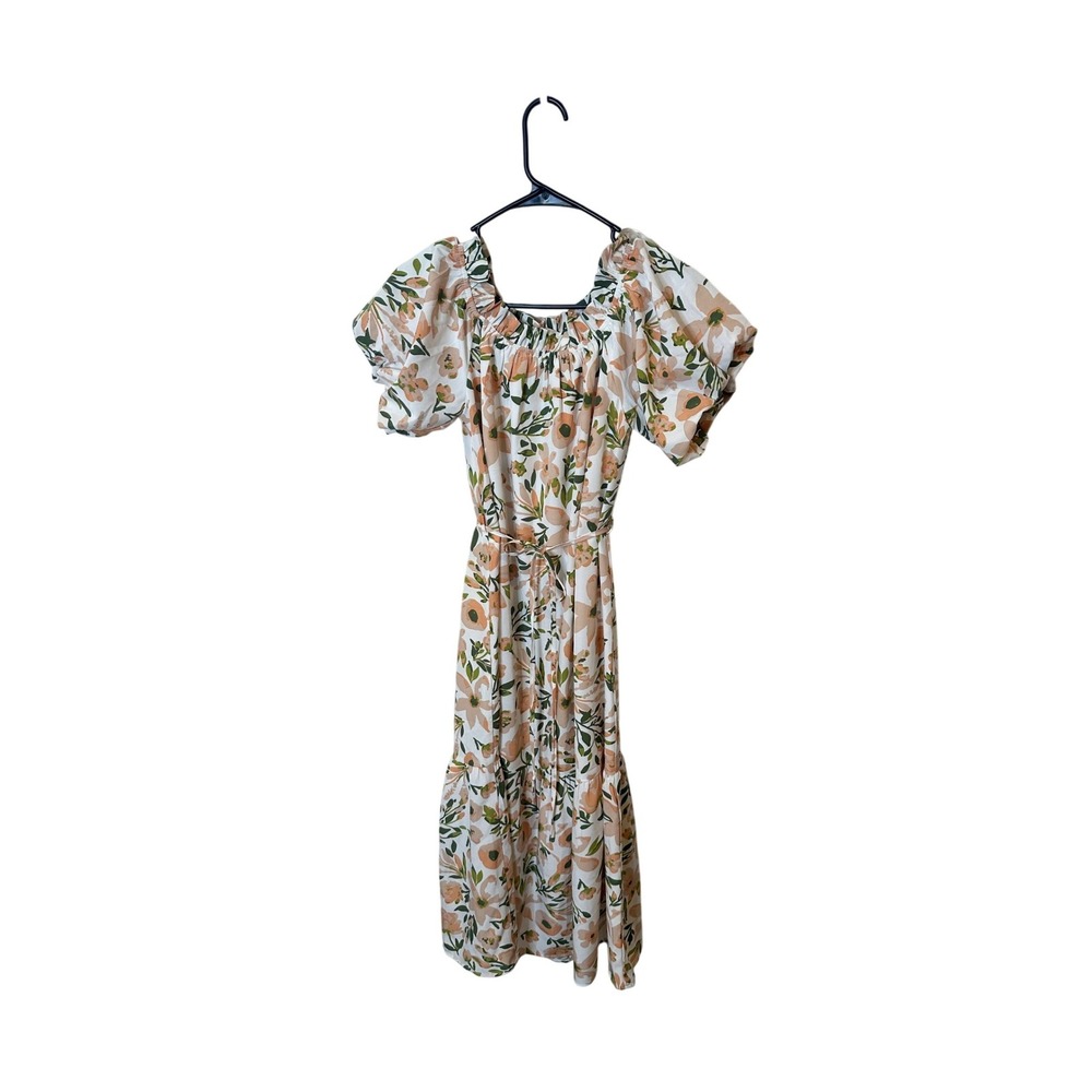 THML Floral‎ Puff Sleeve Midi Dress White Peach Green Tiered FTM2319-CR Small